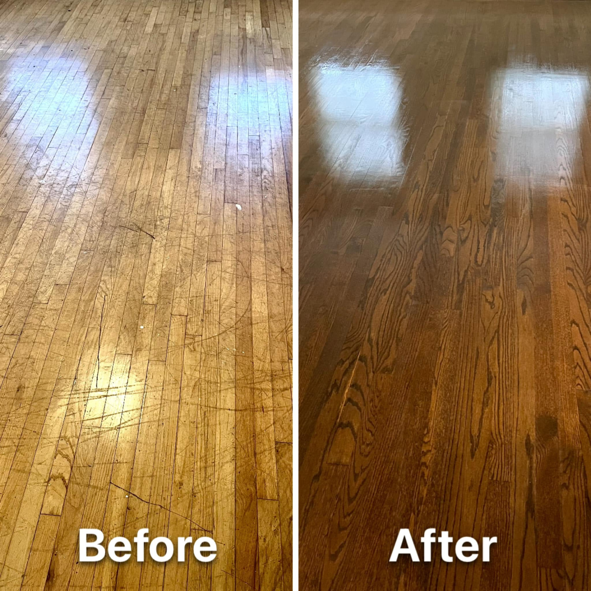 Before and after hardwood floor refinishing by Best Budget Flooring & Remodeling